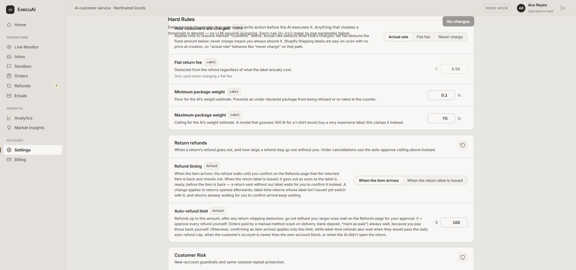 ExecuAI's actual Return refunds settings, showing refund timing set to When the item arrives and a $100 auto-refund limit.